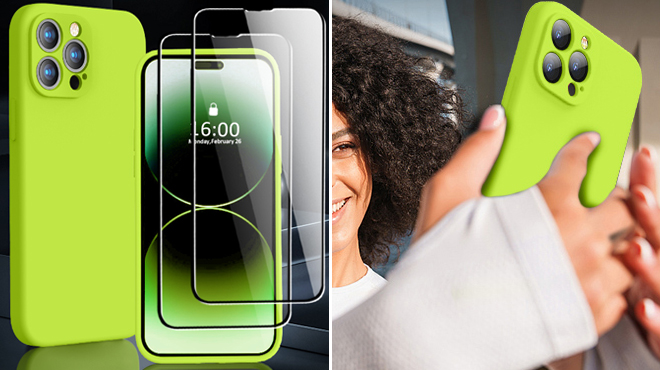 iPhone 14 Pro Case with 2 PackTempered Glass Screen Protector in Fluorescent Green color with a person holding a phone