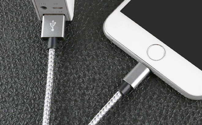 iPhone Lightning Cable 4 Pack in the Color Silver White Connected to an iPhone iPhone Lightning Cable 4 Pack in the Color Silver White Connected to an iPhone