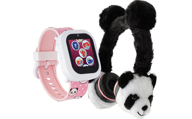 iTech Jr Kids Girls Fuzzy Black White Panda Smartwatch with On Ear Bluetooth Headphones on a Plain Background
