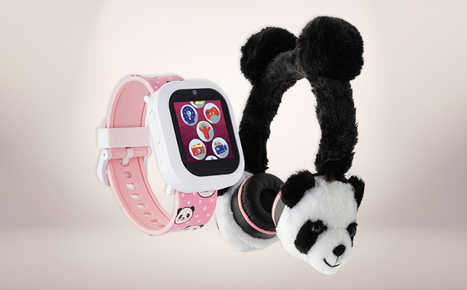 iTech Jr Kids Girls Fuzzy Black White Panda Smartwatch with On Ear Bluetooth Headphones