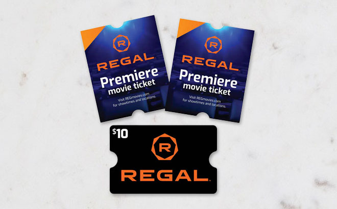 2 Regal Tickets and 10 eGift Card on a Table