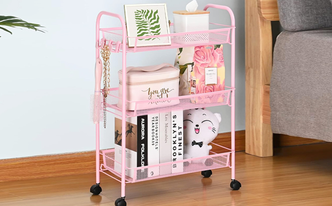 3 Tier Metal Rolling Cart in Pink Color