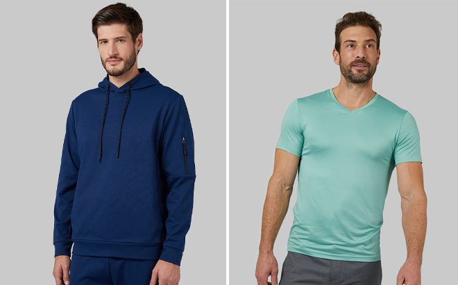 32 Degrees Mens Soft Stretch Terry Hoodie and Mens Cool Classic V neck T Shirt