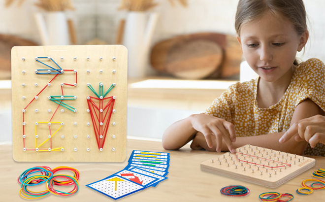 A Kid Playing the Wooden Geoboard