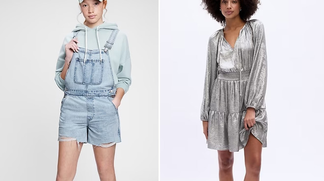 A Person GAP Distressed Denim Shortalls on the left and GAP Smocked Shine Splitneck Mini Dress ont he right