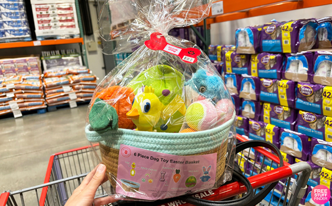 A Person Holding Think Dog Toy 6 Piece Easter Basket on a Costco Cart