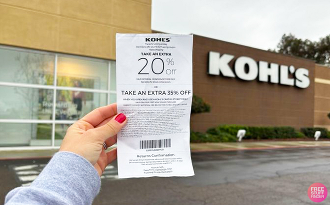 A Person Holding a Kohls Printed COupon in the Parking Lot in Front of the Kohls Store