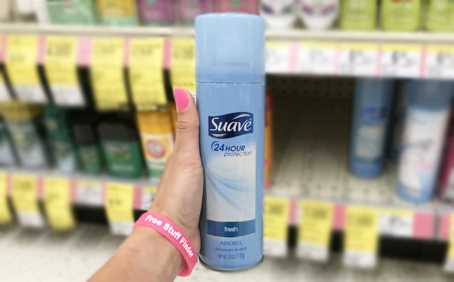 A Person Holding a Suave 24 Hour Protection Fresh Aerosol Antiperspirant