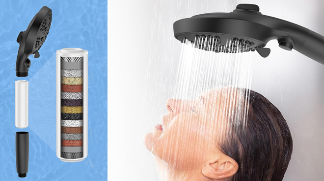 A Person Using a Roossi Handheld Shower Head Set in Matte Black