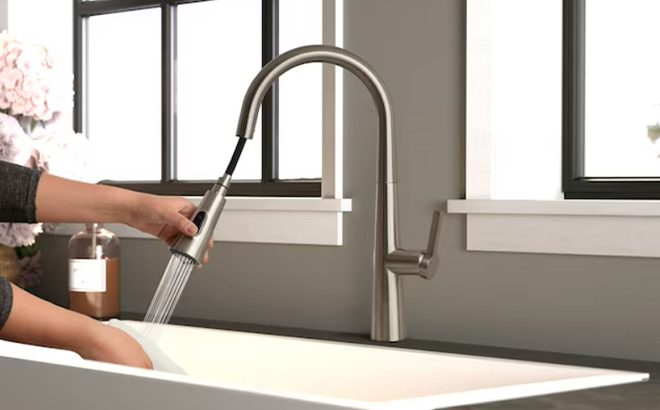 A Person Using a Single Handle Kitchen Faucet