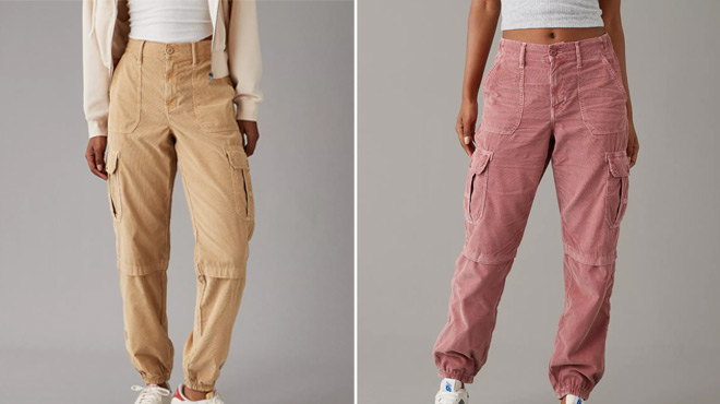 A Person Wearing AE High Waisted Corduroy Cargo Jogger