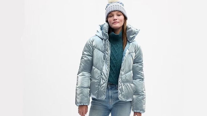 A Person Wearing GAP ColdControl Max Short Puffer Jacket A Person Wearing GAP ColdControl Max Short Puffer Jacket