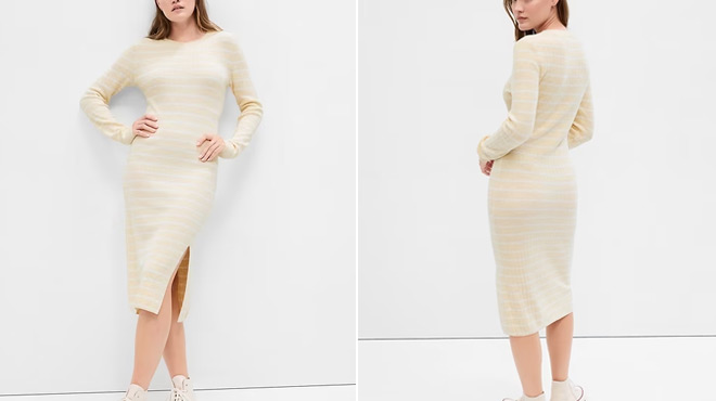 A Person Wearing GAP Ribbed Striped Crewneck Midi Dress Both Showing the Front and Back View 1