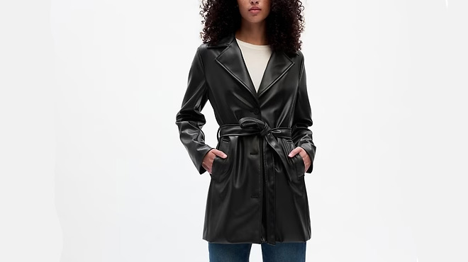 A Person Wearing GAP Vegan Leather Trench Coat