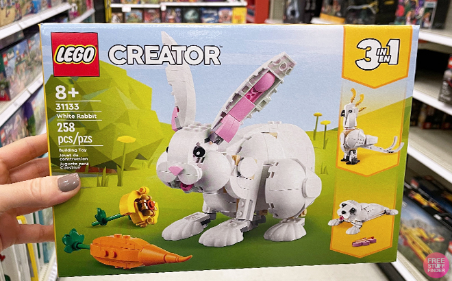 A Person holding the LEGO Creator 3 in 1 White Rabbit Animal Toy Building Set
