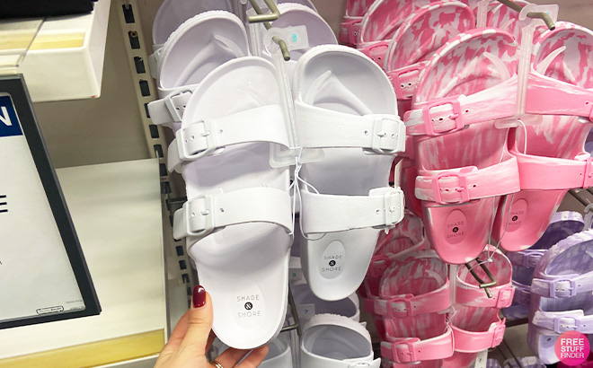 A Person is Holding Shade Shore Neida EVA Two Band Slide Sandals