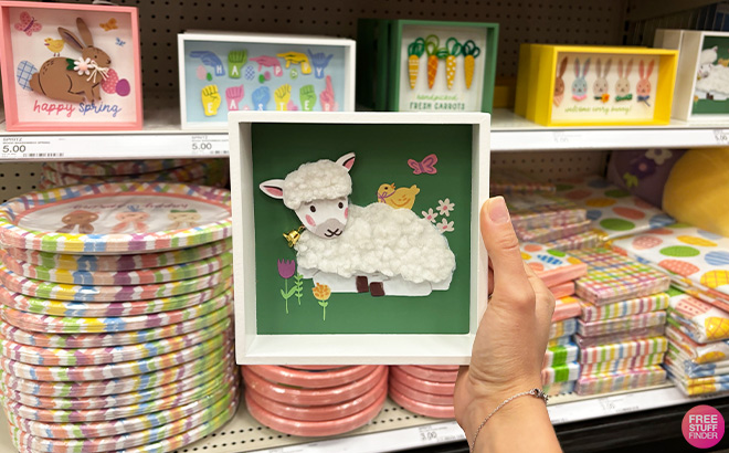 A Person is Holding Spritz Easter Wood Shadowbox Sheep