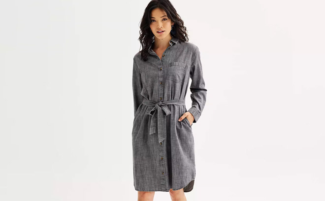A Person is Wearing Sonoma Goods For Life Shirt Dress in Chambray Color