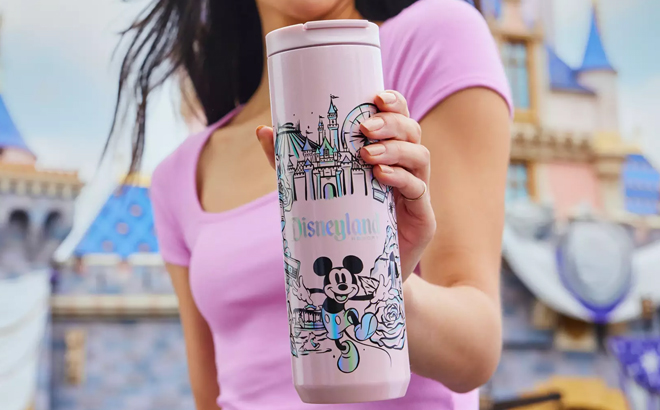 A Woman Holding Disneyland Stainless Steel Starbucks Water Bottle