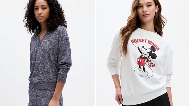 A photo of GAP Factory Womens Softspun Relaxed Polo Shirt and Disney Relaxed Graphic Sweatshirt