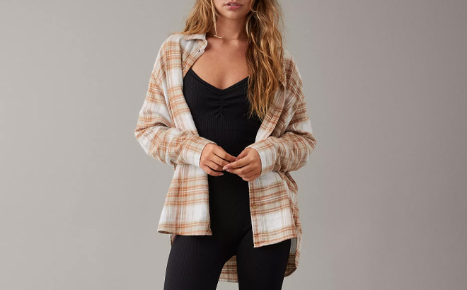 AE Oversized Plaid Flannel Shirt in Tan Color