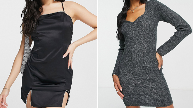 ASYOU Satin Split Hem Diamante Trim Cami Dress and Asos Knit Mini Dress with Sweetheart Necklines