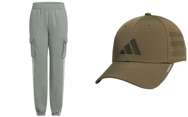 Adidas Cargo 3 Stripes Fleece Boys Joggers and Adidas Mens Gameday III Stretch Fit Hat