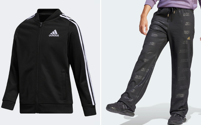 Adidas Kids Tricot Bomber Jacket in Black on Left and Adidas Womens Monogram Fleece Pants on Right