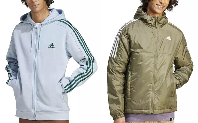 Adidas Mens Sportswear Fleece 3 Stripes Full Zip Hoodie and Adidas Mens Core Insulated Hooded Jacket