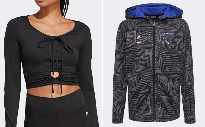 Adidas Womens Tee in Black and Adidas Kids Marvel Black Panther Hoodie
