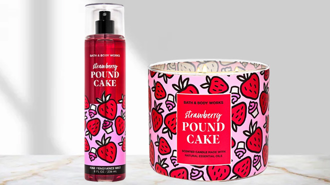 Bath Body Works Strawberry Pound Cake Bundle on a Marble Tabletop