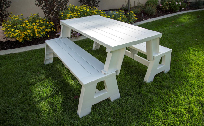 Bench 2 Table Convert A Bench in White in a Backyard on Grass