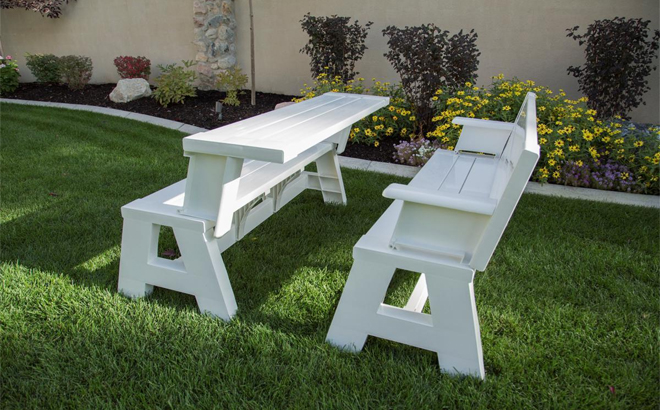 Bench 2 Table Convert A Bench in White in a Backyard