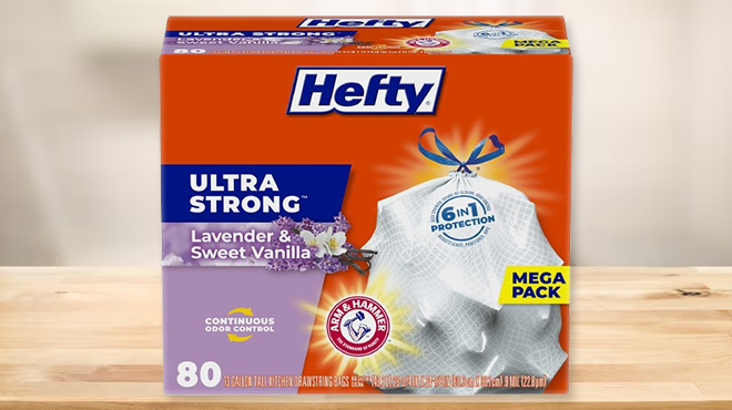 Box of Hefty 80 Count Ultra Strong Trash Bags in Lavender and Sweet Vanilla Scent