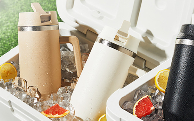 Carote 40 oz insulated Tumbler with Lid and Straw Inside a Cooler Full of Ice Carote 40 oz insulated Tumbler with Lid and Straw Inside a Cooler Full of Ice