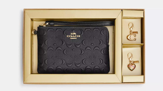 Coach Outlet Boxed Corner Zip Wristlet In Signature Leather in Gold Black Color