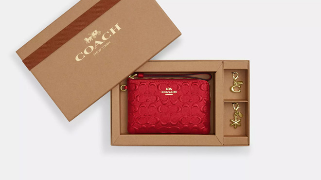 Coach Outlet Boxed Corner Zip Wristlet In Signature Leather in Gold and Electric Red
