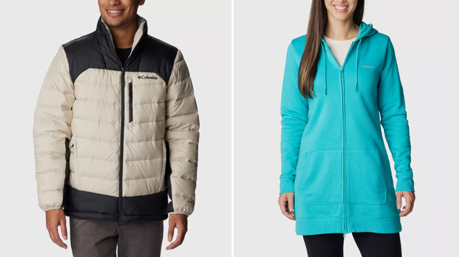 Columbia Mens Autumn Park Down Jacket and Columbia Womens Rush Valley Long Full Zip Hoodie