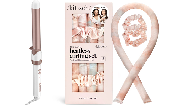 Conair Double Ceramic 1 inch Curling Wand and Kitsch Satin Heatless Curling Set