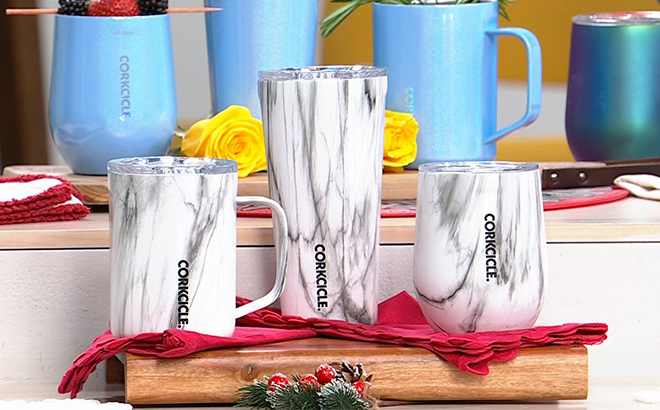 Corkcicle 3 Piece Hydration Drinkware Set in White Marble