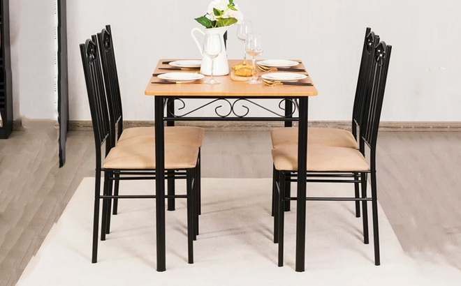 Costway 5 PC Dining Set Wood Metal 3022 Table and 4 Chairs Black Kitchen