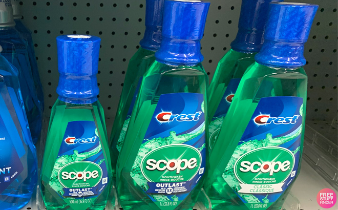 Crest Scope Mouth Wash on a Store Shelf Crest Scope Mouth Wash on a Store Shelf
