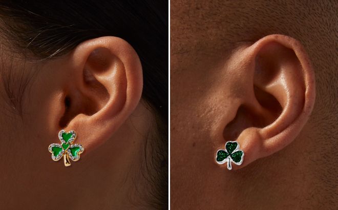 Crystal Framed Shamrock Stud Earrings and Green Glitter Shamrock Stud Earrings