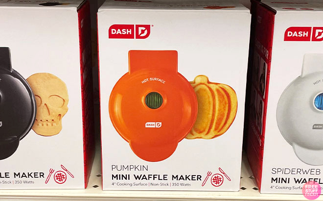 Dash Pumpkin Mini Waffle Maker on a Shelf