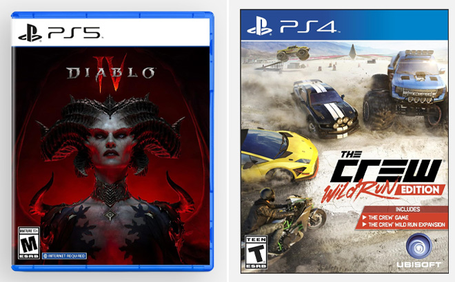 Diabolo IV Ps5 Video Game on Left and The Crew Wildrun Video Game for PS4 on Right
