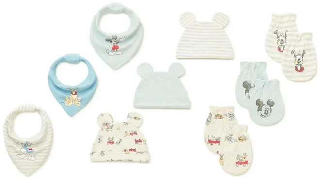 Disney Mickey Mouse 9 Piece Bibs Caps and Mittens Set