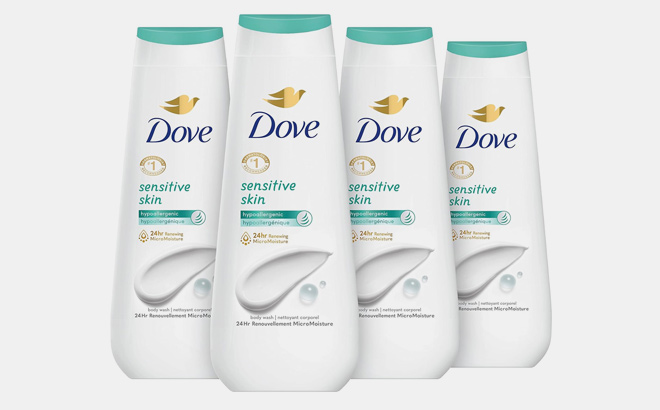 Dove Sensitive Skin Body Wash 4 Count Hypoallergenic Paraben Free Sulfate Free Cruelty Free Moisturizing Cleanser