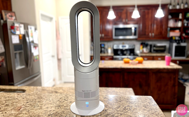 Dyson Hot Cool Bladeless Fan Heater with Jet Focus on a Kitchen Countertop