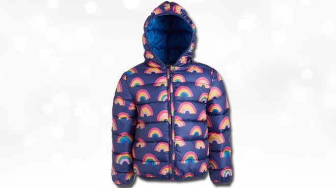 Epic Threads Girls Packable Hooded Puffer Jacket Rainbow Print