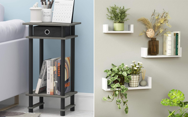 Furinno Turn N Tube Tall End Table and Floating Shelves Wall Mounted